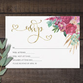 ホットピンクマゼンタフローラエレガント金ゴールドスクリプトハート 出欠カード