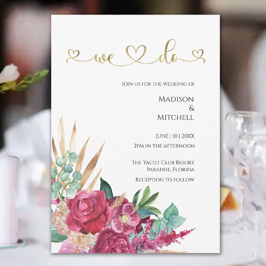 ホットピンクマゼンタフローラエレガント金ゴールドスクリプトハート 招待状