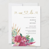 ホットピンクマゼンタフローラエレガント金ゴールドスクリプトハート 招待状 (正面)