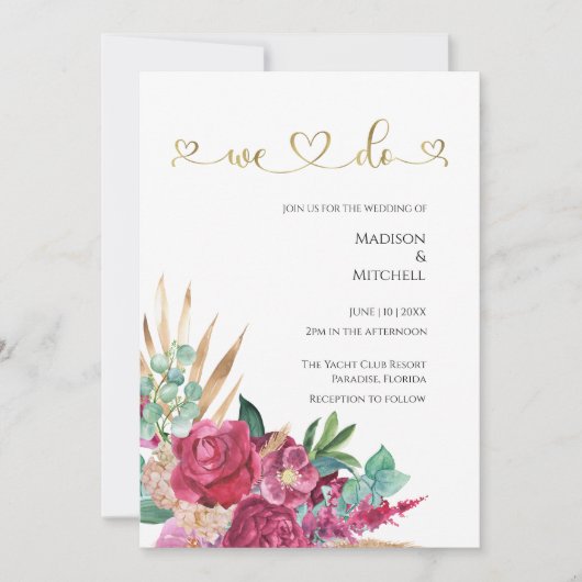 ホットピンクマゼンタフローラエレガント金ゴールドスクリプトハート 招待状 (正面)