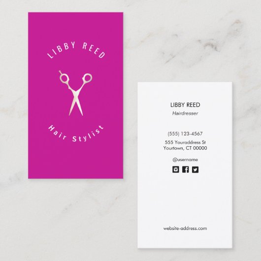 ホットピンクマゼンタモダンヘアスタイリスト金ゴールド鋏 名刺 (正面/裏面)
