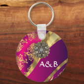 ホットピンクマゼンタ&金ゴールドダマスク キーホルダー (正面)