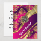 ホットピンクマゼンタ&金ゴールドダマスク 招待状 (正面/裏面)