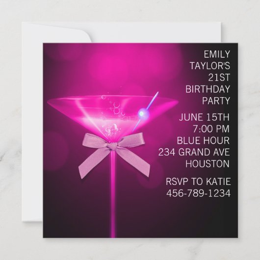 ホットピンクマルティーニ女性ホットピンク21歳の誕生日 招待状 (正面)
