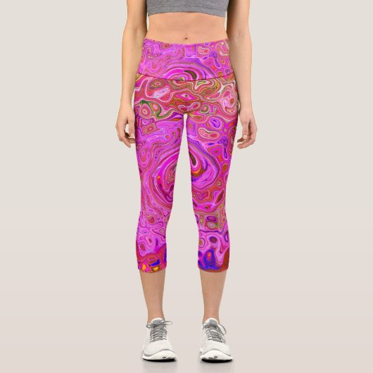 ホットピンクマーブルカラー抽象芸術レトロ旋回 カプリレギンス (正面)