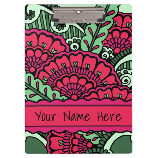 ホットピンクミントグリーン禅マンダラアートクラスルーム名 クリップボード (正面)