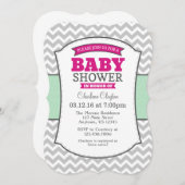 ホットピンクミントグレーシェブロンベビーシャワー招待状 招待状 (正面/裏面)