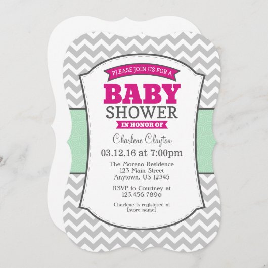 ホットピンクミントグレーシェブロンベビーシャワー招待状 招待状 (正面/裏面)