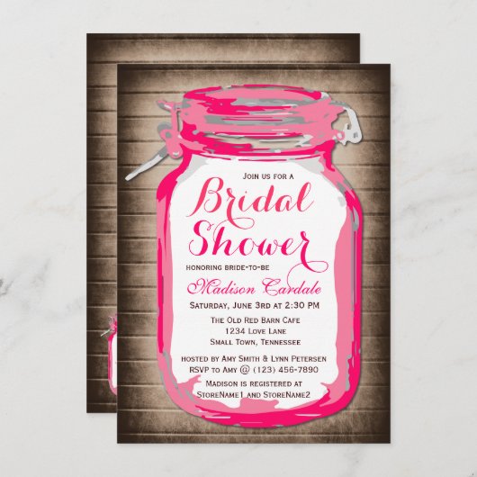 ホットピンクメイソンジャーブライダルシャワー招待状 招待状 (正面/裏面)