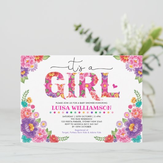 ホットピンクメキシカンフェスタフローラガールベビーシャワー 招待状 (スタンド正面)