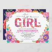 ホットピンクメキシカンフェスタフローラガールベビーシャワー 招待状 (正面/裏面)