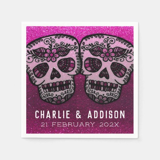 ホットピンクメタリックグリッター白黒シュガースカル スタンダードカクテルナプキン (正面)