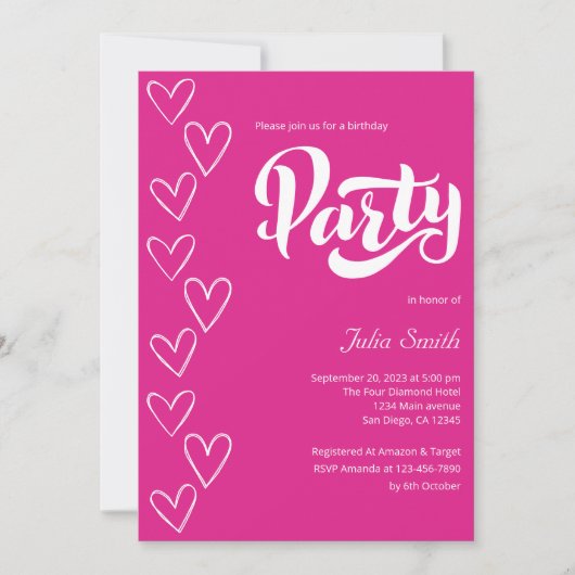 ホットピンクモダンのガーリー誕生日パーティー 招待状 (正面)