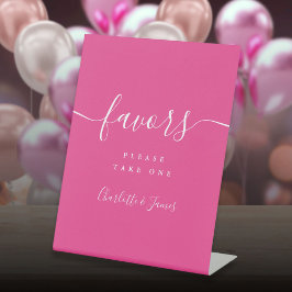 ホットピンクモダンのスクリプト結婚式の引き出物表 台座サイン