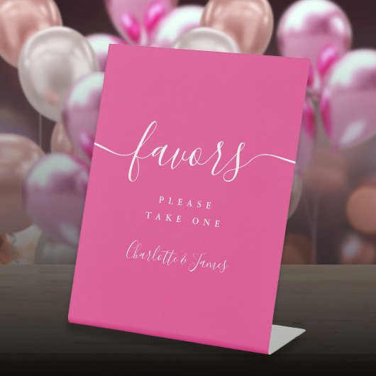 ホットピンクモダンのスクリプト結婚式の引き出物表 台座サイン