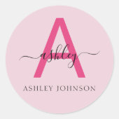 ホットピンクモダンスクリプガーリートのモノグラム名 ラウンドシール (正面)