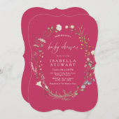 ホットピンクモダンスクリプトワイルドフラワーベビーシャワー 招待状 (正面/裏面)