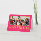 ホットピンクモダンタイポグラフィフォトコラージュ新年 箔シーズンカード (正面)