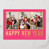 ホットピンクモダンタイポグラフィフォトコラージュ新年 箔シーズンカード (正面)