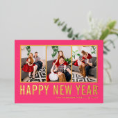 ホットピンクモダンタイポグラフィフォトコラージュ新年 箔シーズンカード (立ち正面)