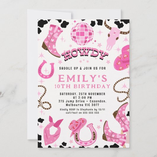 ホットピンクモダンディスコツインズ女性のカーボーイ誕生日 招待状 (正面)