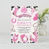 ホットピンクモダンディスコツインズ女性のカーボーイ誕生日 招待状 (スタンド正面)