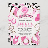 ホットピンクモダンディスコツインズ女性のカーボーイ誕生日 招待状 (正面/裏面)