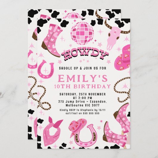 ホットピンクモダンディスコツインズ女性のカーボーイ誕生日 招待状 (正面/裏面)