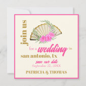 ホットピンクモダンハンドファンの結婚式の日付を保存 招待状 (正面)