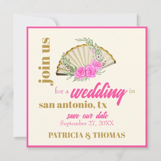 ホットピンクモダンハンドファンの結婚式の日付を保存 招待状 (正面)