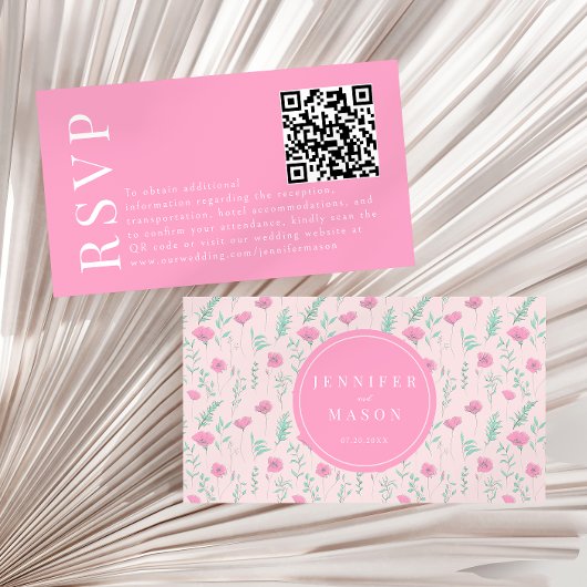 ホットピンクモダンフローラ結婚式RSVP QRコードカード エンクロージャーカード