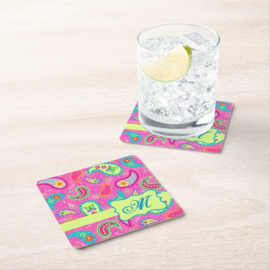 ホットピンクモノグラムパーソナライズされたモダンペイズリー スクエアペーパーコースター (インサイチュ)