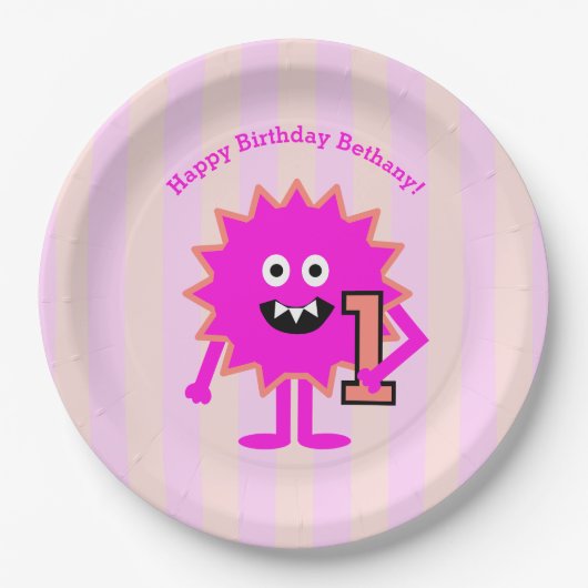 ホットピンクモンスターガール1st誕生日かわいい紙 ペーパープレート (正面)