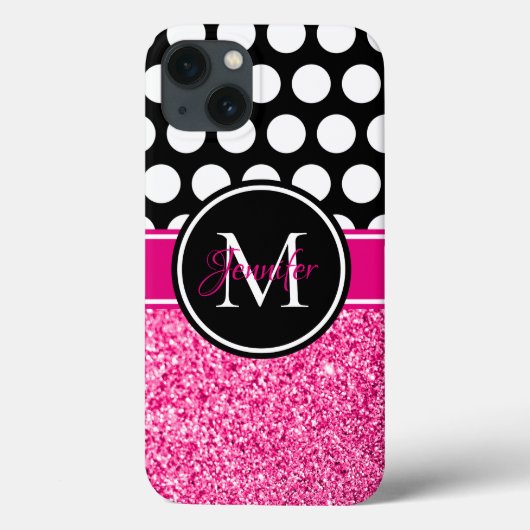 ホットピンクラメ入り黒白ドットモノグラム Case-Mate iPhoneケース (裏面)