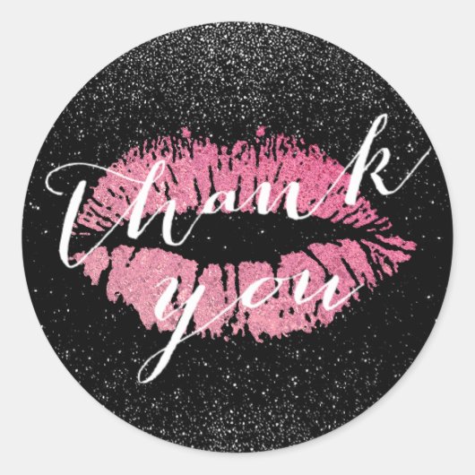 ホットピンクリップキスブラックグリッターサンキュー ラウンドシール (正面)