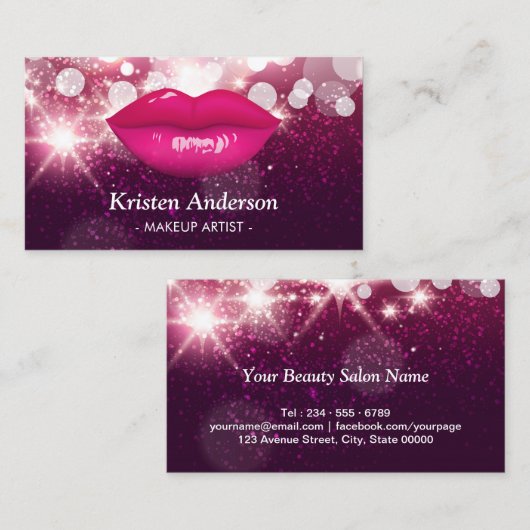 ホットピンクリップグリッター美しいサロンメイクアップアーティスト 名刺 (正面/裏面)
