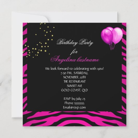 ホットピンクリップスティックグリッターゼブラバースデーパーティー 招待状 (裏面)