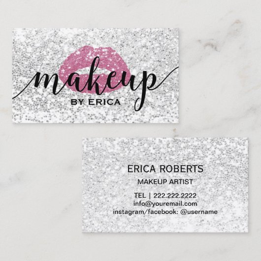 ホットピンクリップモダンシルバーシークンズメイクアップアーティスト 名刺 (正面/裏面)
