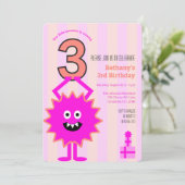 ホットピンクリトルモンスターサードガール誕生日ストライプ 招待状 (スタンド正面)