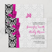 ホットピンクリボン ブラック＆ホワイト ダマスク ウェディング 招待状 (正面/裏面)