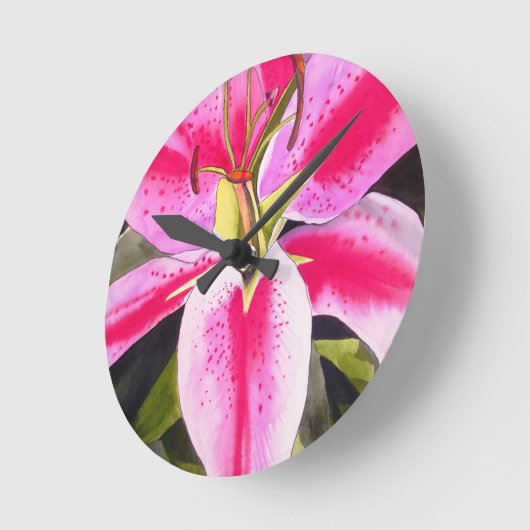 ホットピンクリリーテネポップ・アートのリフェアートウォーターカラーフラワー ラウンド壁時計 (傾斜)