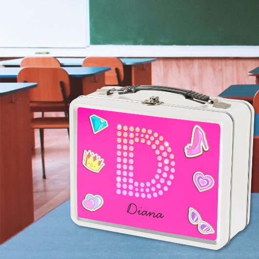 ホットピンクレターディーモノグラムガーリー新学期 メタルランチボックス