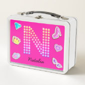 ホットピンクレターノースモノグラムガーリー新学期 メタルランチボックス (正面)