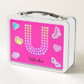 ホットピンクレターユーモノグラムガーリー新学期 メタルランチボックス (裏面)
