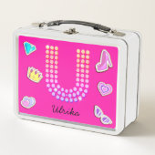 ホットピンクレターユーモノグラムガーリー新学期 メタルランチボックス (正面)