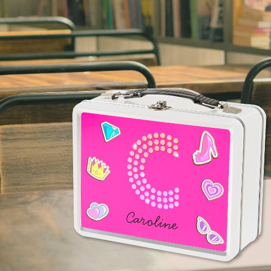 ホットピンクレターCモノグラムガーリー新学期 メタルランチボックス