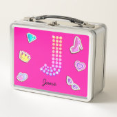 ホットピンクレターJモノグラムガーリー新学期 メタルランチボックス (正面)