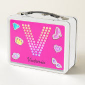 ホットピンクレターVモノグラムガーリー新学期 メタルランチボックス (裏面)