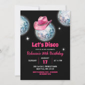 ホットピンクレッツパーティーディスコボール女性のカーボーイ誕生日 招待状 (正面)