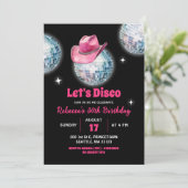 ホットピンクレッツパーティーディスコボール女性のカーボーイ誕生日 招待状 (スタンド正面)